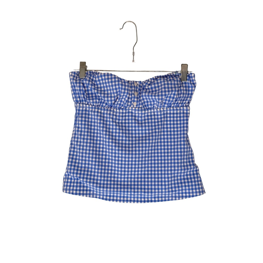 Nanette Lepore Blue Gingham Strapless Tube Top Sweetheart Seersucker Top